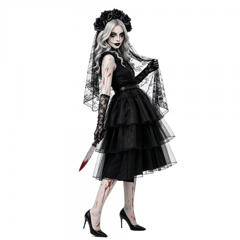 Dark Gothic Ghost Bride Cosplay Dress Black Tulle Cake Skirt Halloween Zombie Party Costume