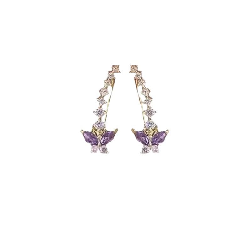 Niche Design Purple Crystal Butterfly Stud Earrings: Exquisite, Fashionable, Versatile High-End Jewelry for Women