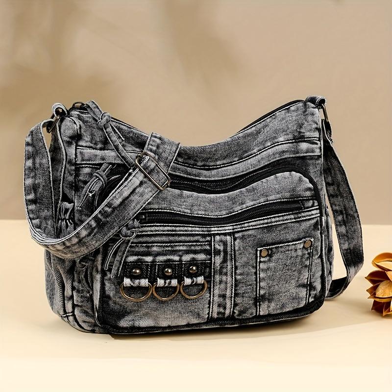 Borsa a Spalla in Denim Lavato Vintage da Donna, Borsa Casual da Donna in Tessuto Morbido con Chiusura a Zip, Borsa a Tracolla Monocolore Cowgirl