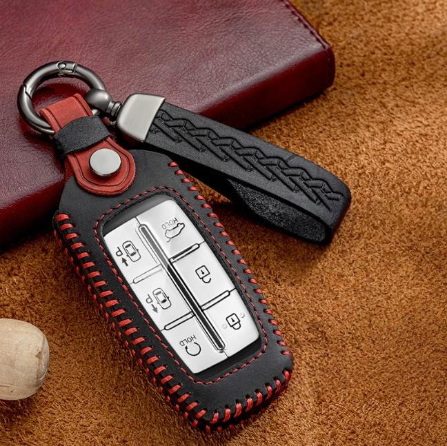 Leather Car Key Case Smart Remote Fob Protector Cover Auto Accessories For Hyundai Genesis GV70 GV80 2021 2022 G70 G80 2023 2024