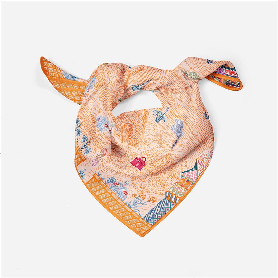 Twill Silk Scarf Woman Castle Painting Square Scarves Wraps Bandana Small Hijab Silk Foulards Tie Headband Neckerchief 53CM