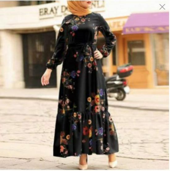 2022 Moroccan Print Long Sleeve Turkish Muslim Women's Party Dress