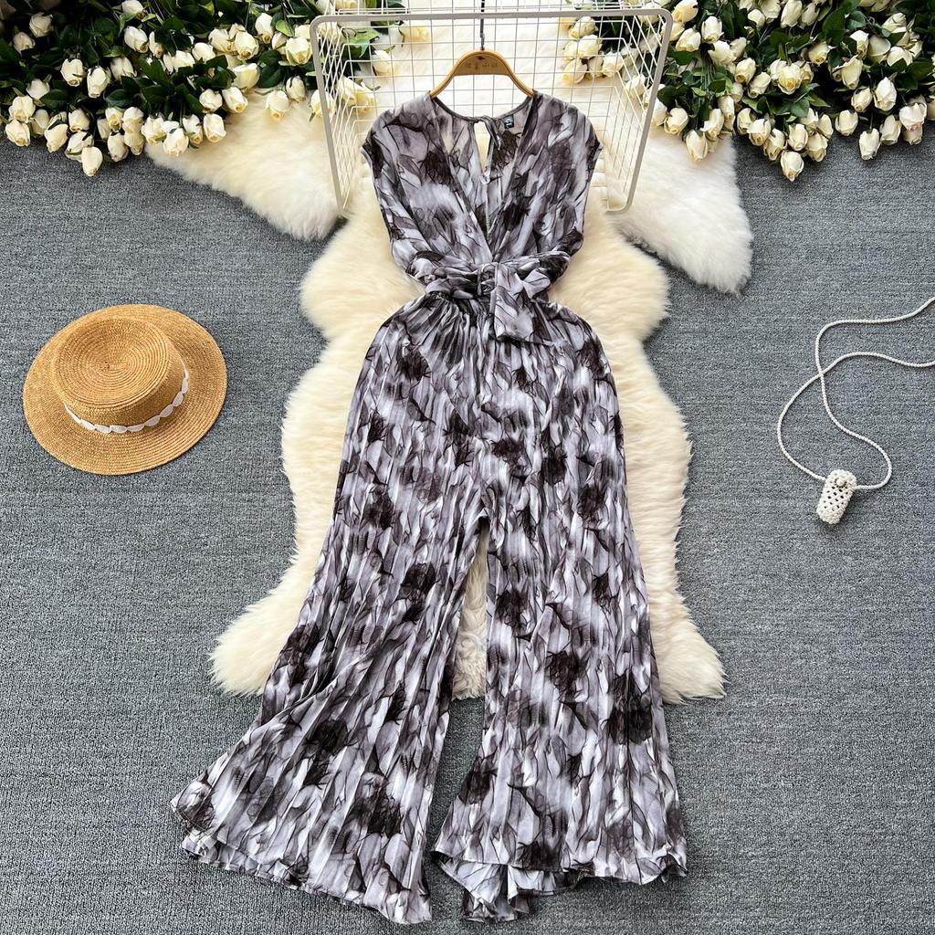 Casual Feminino Verão Floral Estampa Macacões Moda V Decote Sem Mangas Cintura Alta Larga Plissado Perna Comprimento Total Macacão
