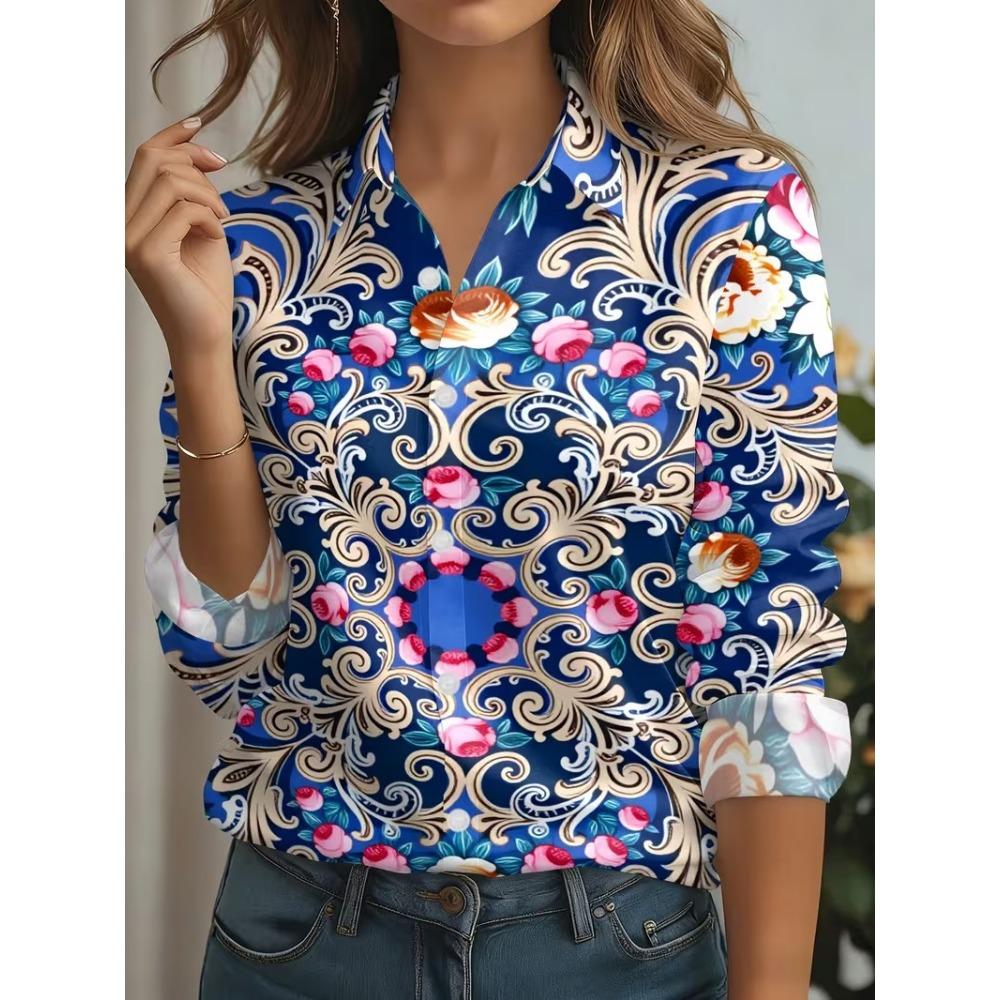 Plus Size Women's Shirt Elegant Cat Printed Spring Autumn Blouse Top
