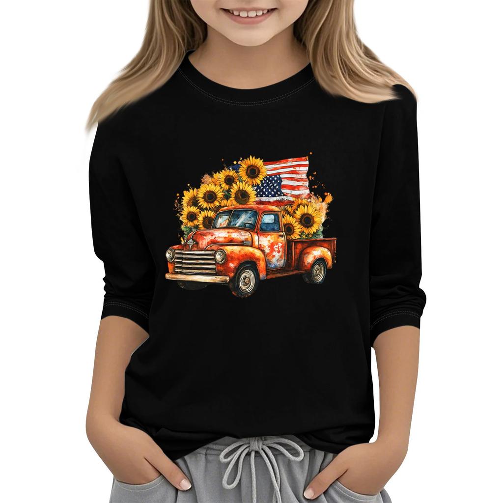 Tricou casual cu mâneci 3/4 pentru copii, cu gât rotund și imprimeu pentru Ziua Independenței