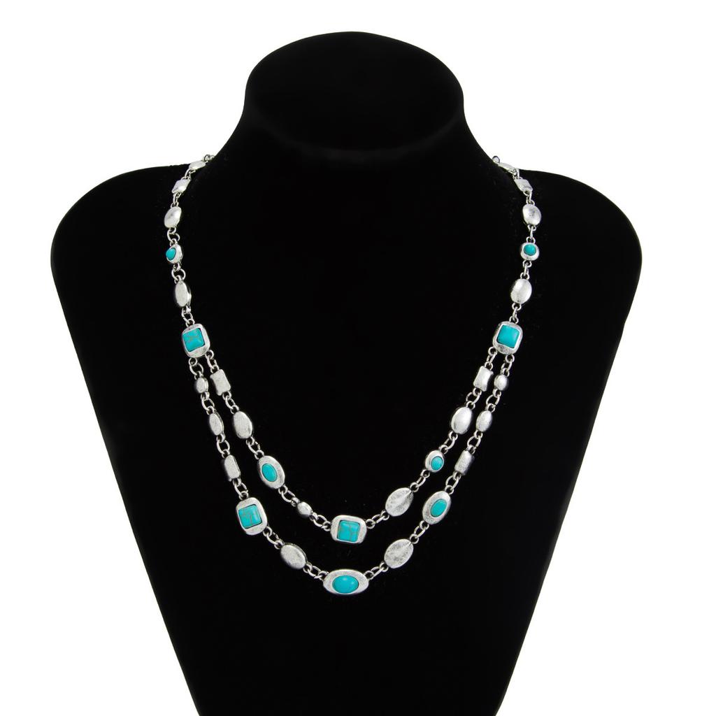 Fashion Imitation Turquoise Metal Choker Necklace Double Layered Boho Style Adjustable Chain for Everyday Wear Women Jewelry