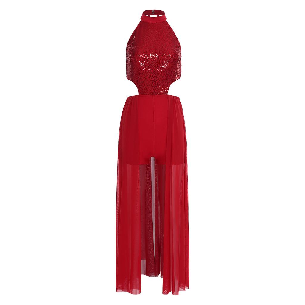 Damen rückenfreies Bodysuit-Kleid Pailletten-Oberteil Netzrock integrierter kurzer Unterteil Tanzkleidung