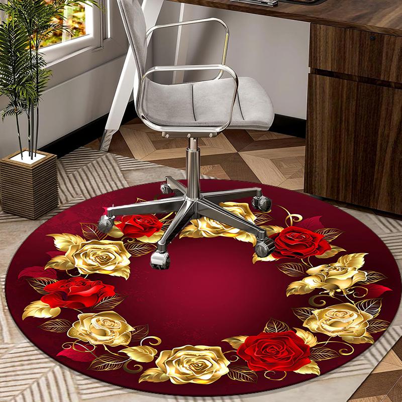 Golden Rose Wreath Design round carpet Chair cushion Round Entryway Rug, Soft Round Rugs for Living Room, Bedroom, Circle Carpet decor gifts