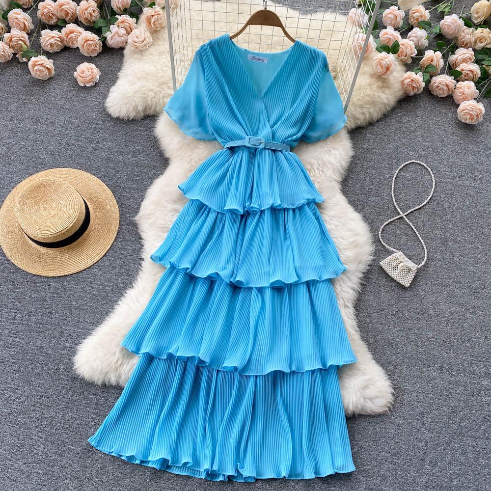 Sommer Kvinner Feriebelte Løs Lang Kjole Elegant Kortermet Ruffles Strand Maxi Kjoler