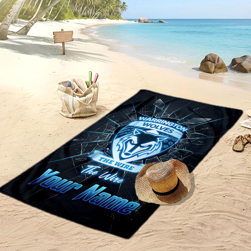 Warrington Wolves FC Personalized Printed Beach Towel Soccer Logo Support Custom Name Text Absorbent Towel For Sport Travel Special Gift