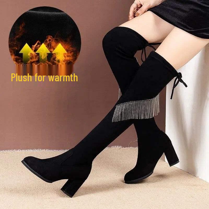 Damen Strass Quaste Wildleder Overknee Stiefel - Herbst 2025 Slim Fit Blockabsatz Hoher Schaft Stiefel