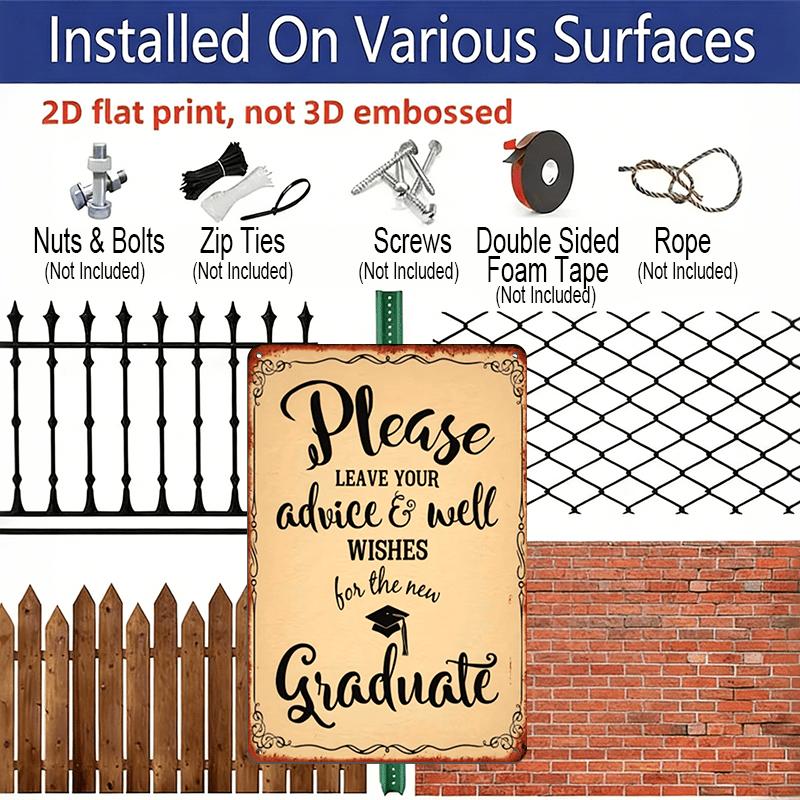 2D Flat, 1pc Vintage "Advice & Wishes for The New Graduate" Aluminium Sign - 8"x12" Rustic Graduation Party Decor, Grad Cap Guest Book Wall Art