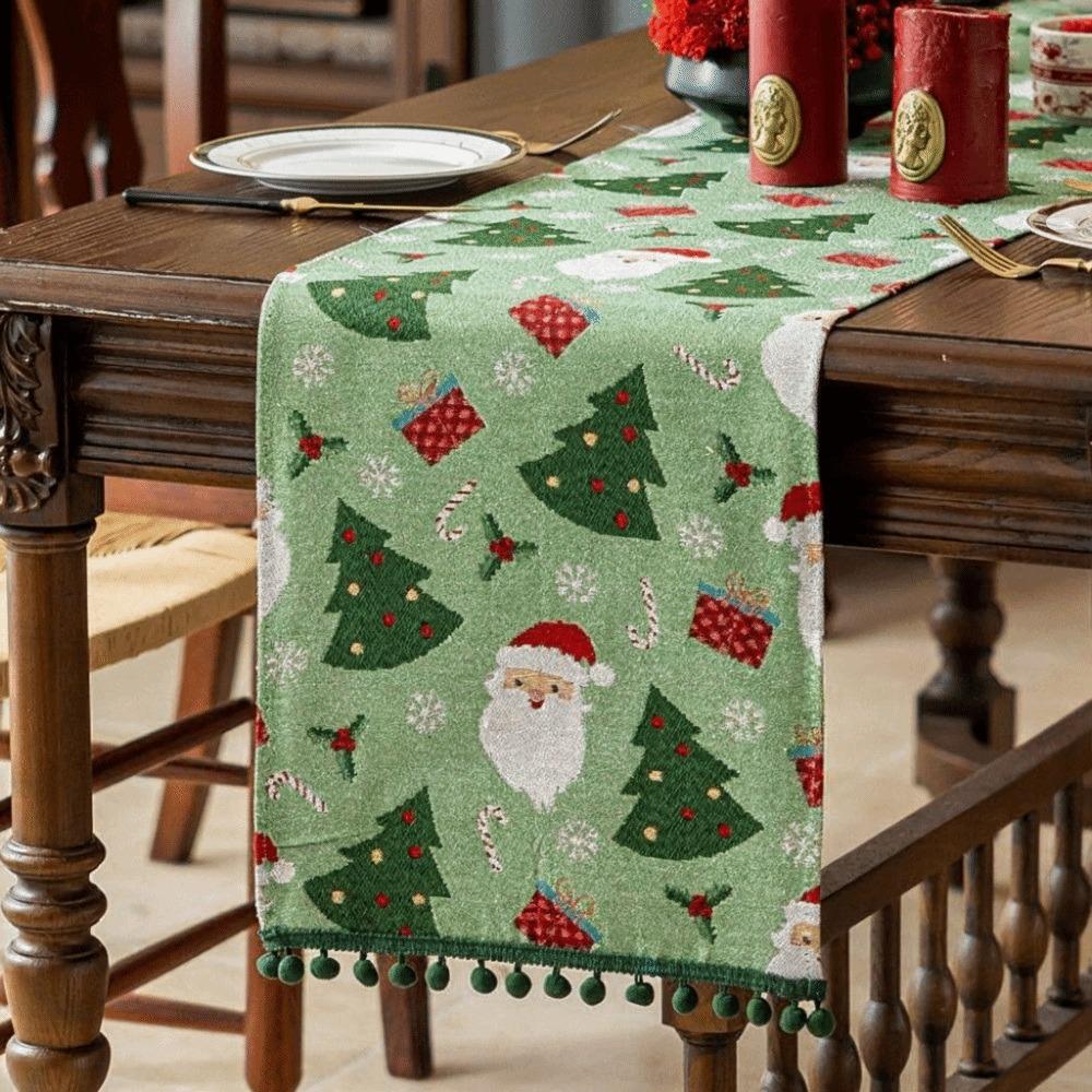 Polyester Christmas Table Runner Santa Claus Pattern Snowflake Pattern Table Flag Multi-Color Tassel Cartoon Pattern