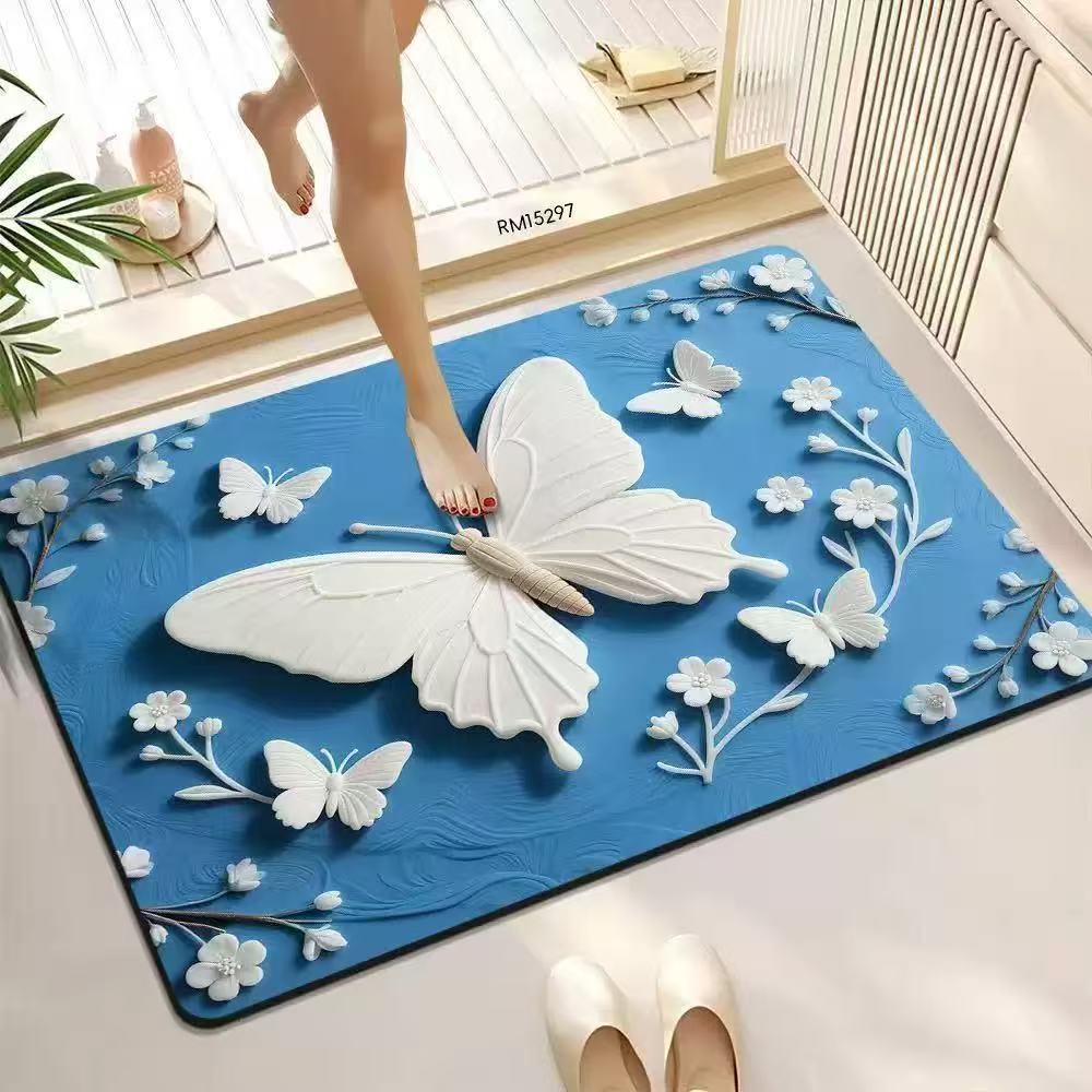 American Farmhouse Floral Doormat, 2D Wood Flower & Butterfly Non-Slip Home Entryway Rug Floor Mat Kitchen Mat Door Mat