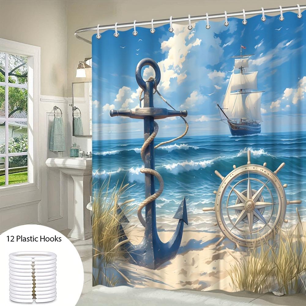 

Nautical Ocean Beach Bath Shower Curtain - Watercolor Design With Anchor, Ship Wheel & Sailboat, Blue Sky Clouds W60H190(CM)-1 Pcs