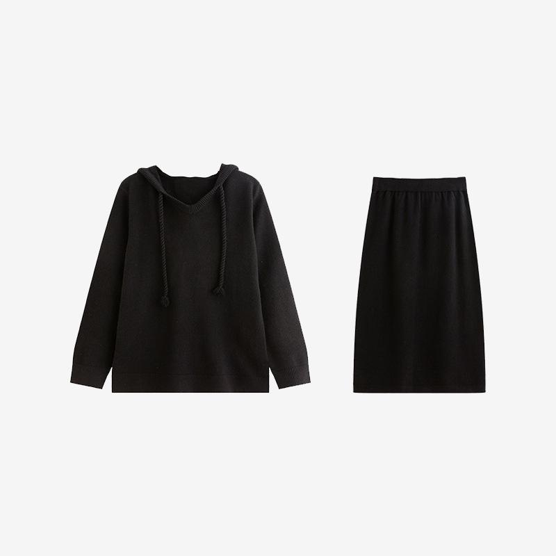 Plus Size V-neck Hooded Sweatshirt & Skirt Two-Piece Set - 2025 Winter Casual Knitwear for Women