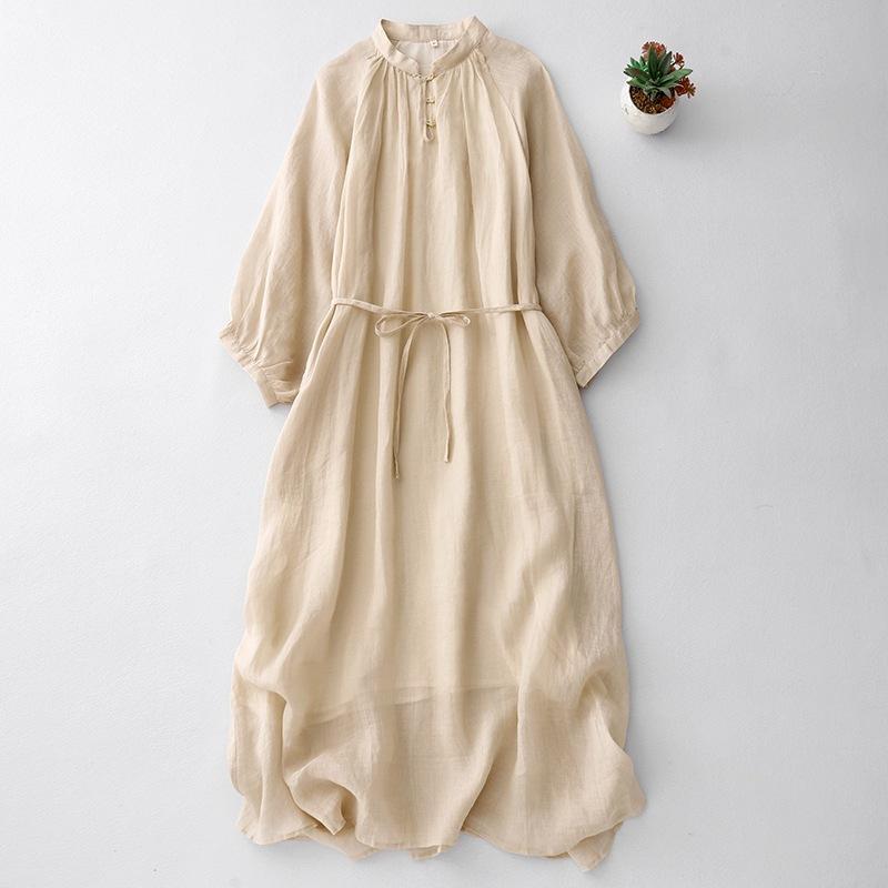 Stand-up collar nine-point sleeve solid color cotton and linen dress for women's 2025 spring new small lazy wind loose belly long dress