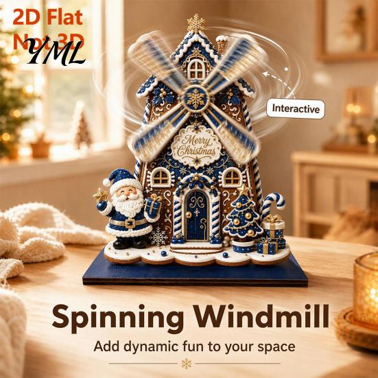 Wooden Holiday Tabletop Ornaments Christmas Windmill Ornament, 2D Rotating Decoration, Santa Gift for Family Centerpiece Table Mantel Shelf