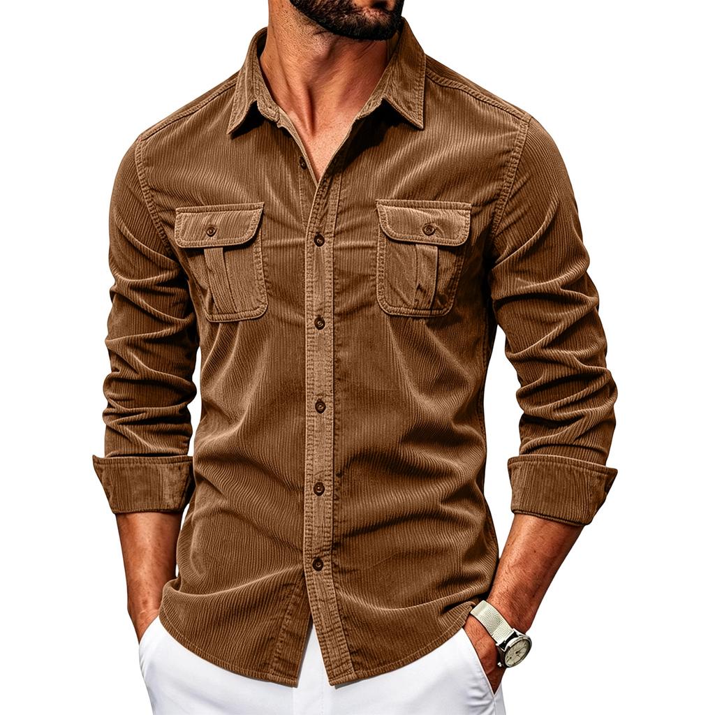 Men's Corduroy Shirt Slim Fit Long Sleeve Button Down Casual Business Shirt Two Chest Pockets Classic Collar Soft Fabric