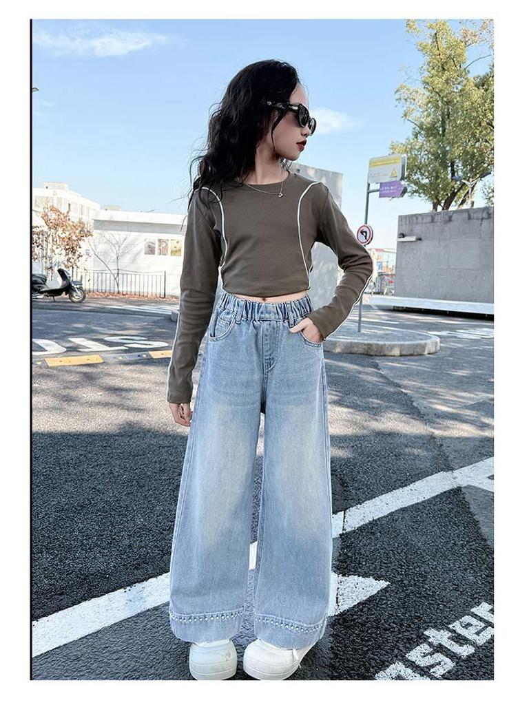 Girls' Spring & Autumn Straight Wide Leg Jeans - Trendy, Loose Fit for Elementary School Students