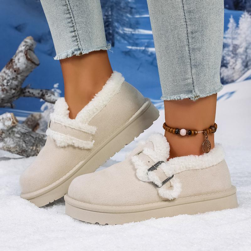 Fashion Soft Thick Bottom Furry Casual Shoes Women 2025 Winter Warm Short Plush Flats Shoes Metal Buckle Non Slip Snow Boots for Woman