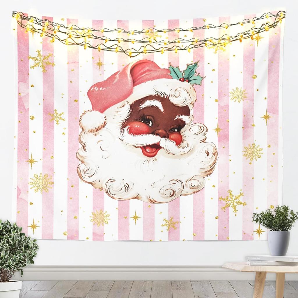 Black Santa Claus Tapestry Afro African American Wall Art Merry Christmas Wall Hanging Blanket for Living Room Bedroom Home