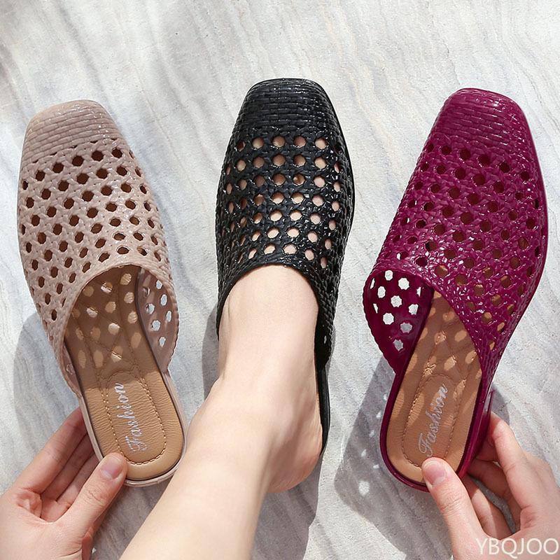 Fashion Women's hollowed out mid heel non slip thick soled toe sandals with fashionable simple design women's outdoor slippers