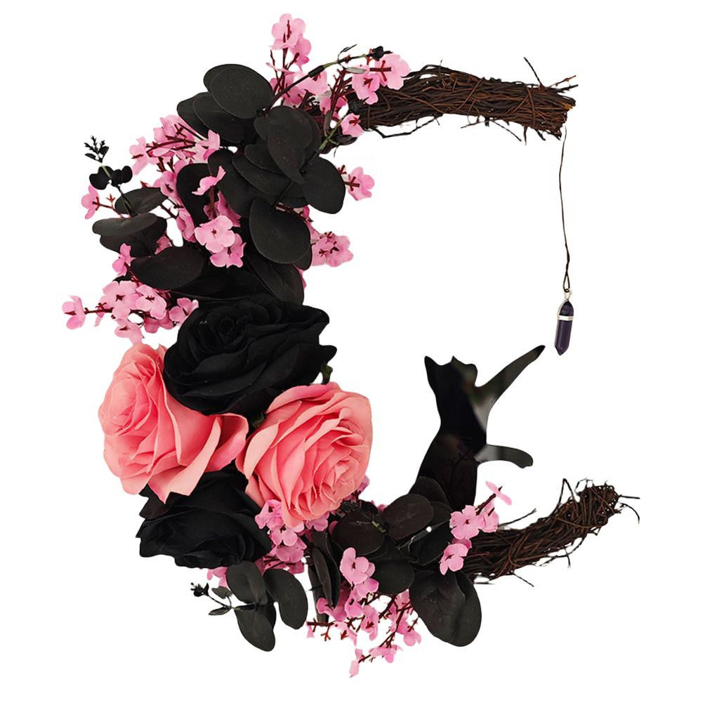 Halloween Wreath with Skull Black Roses Rose Grapevine Garland Handmade Artificial Moon Cat Garland Goth Roses Black Cat Garland