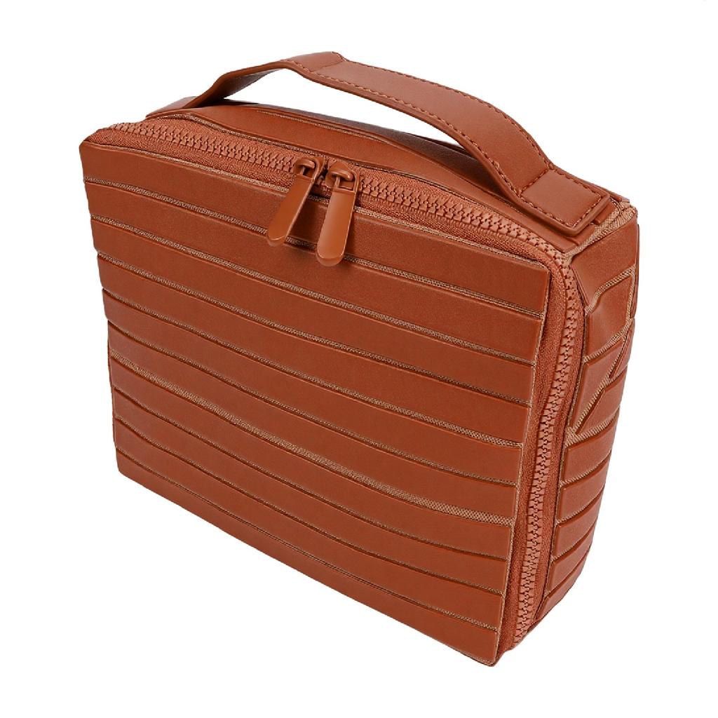 Borsa da Trucco Parallela Impermeabile Grande Capacità Scomparti Multipli Portatile Pieghevole Borsa da Trucco per Donne Marrone