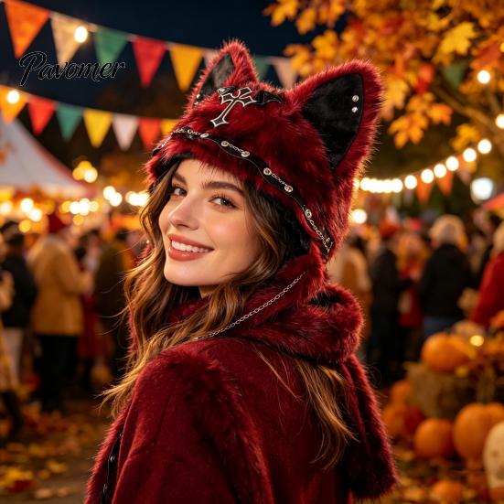 Unique Cosplay Accessories Cute Plush Animal Hat, Furry Cat Ear Headwear, Winter Halloween Party Costume Hat Soft Warm Cap for Costume, Funny