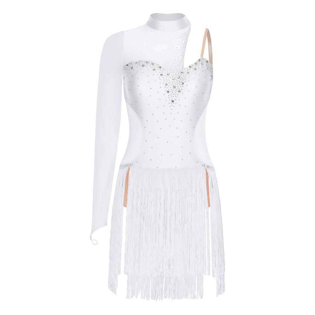 Damen Latin Tango Tanzkostüm Durchsichtiges Netz Patchwork Cut-out Rücken Funkelnde Strasssteine Asymmetrisches Fransenkleid