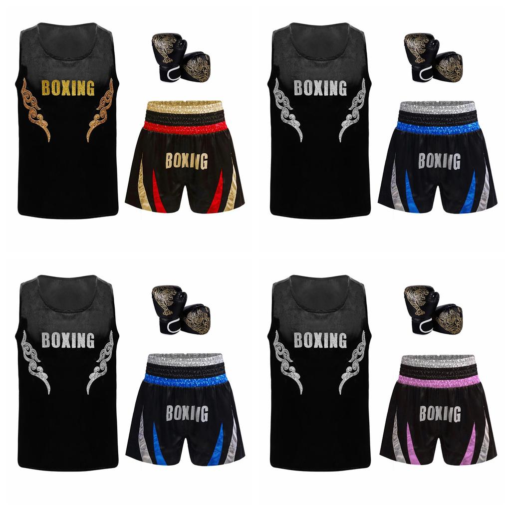 Muay Thai Gym Tops Kids Boxing Vest Boys Martial Arts Outfit Tank Top with Boxer Shorts Fight Grappling Costume Boxer Gloves