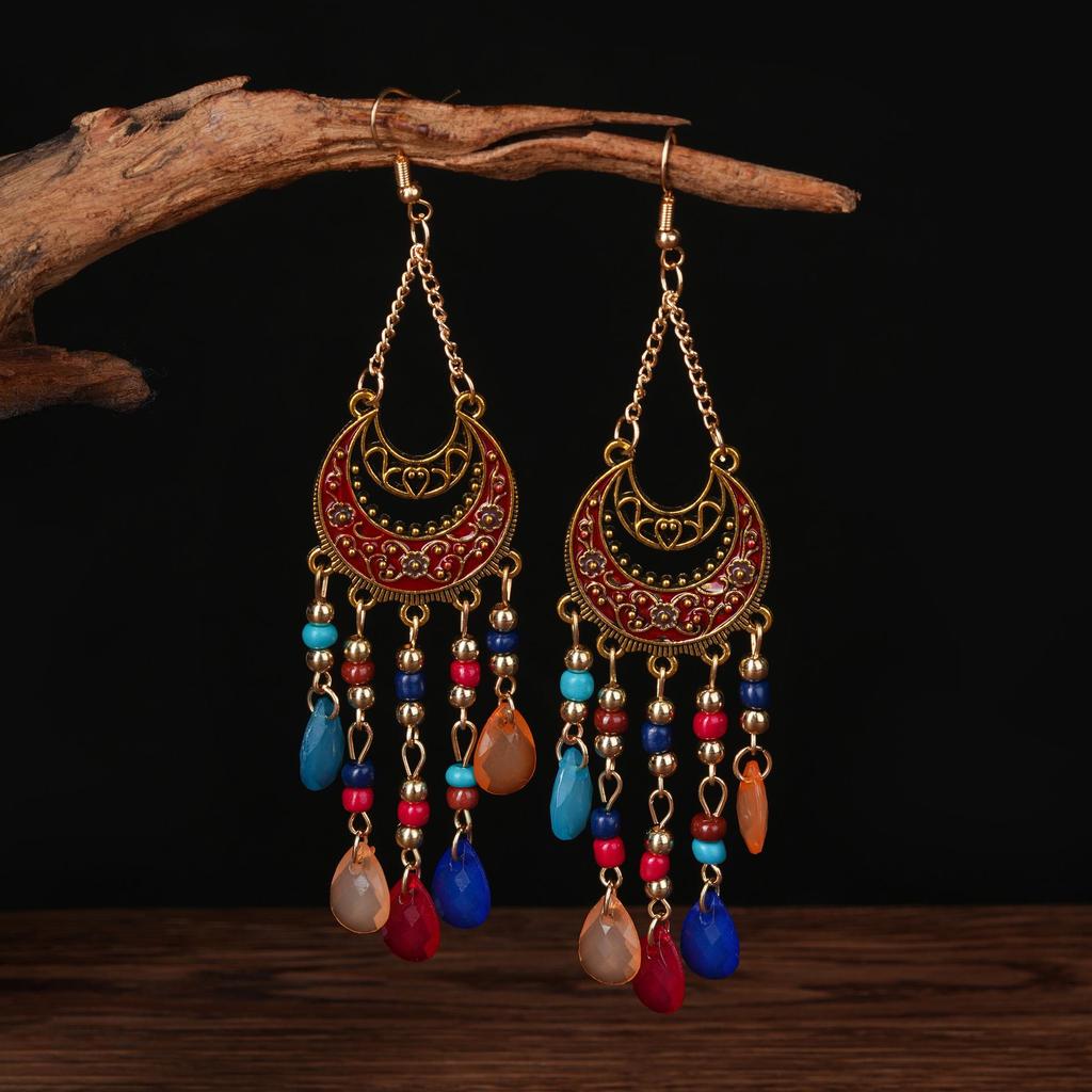 Bohemian Cross-Border Handmade Water Drop Rice Bead Tassel Earrings for Travel Photography