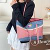 Rural Style Lace Bow Shoulder Bag Lattice Commuting Tote Bag Portable Denim Plaid Handbag  Women