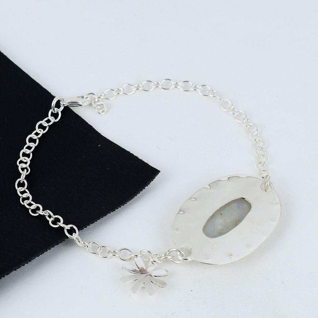 Natural Rainbow Moonstone Gemstone Handmade 925 Sterling Silver Bracelet, White Topaz Bracelet For Wife, Unisex Bracelet, Anniversary Gift