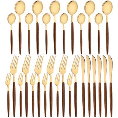 16/24/36Pcs Dinnerware Set Stainless Steel Imitation Wooden Handle Clamp Western Knife Fork Spoon Cutlery Tableware Silverware