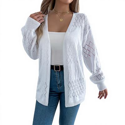 Women's Casual Color Hollow Long Sleeve Cardigan Mid-Length Sweater Jacket