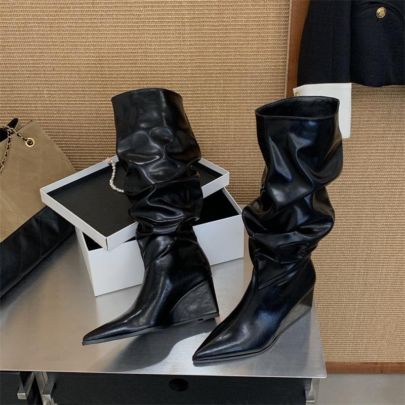 Wedge heel boots autumn and winter new pointed high heel wrinkled pile boots wide knight boots