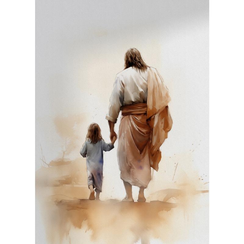 

Иисус Христос, идущий с ребенком, плакат Библейское искусство Холст Живопись Христианское Настенное искусство Картина для гостиной Домашний декор 21cm×30cm NoFrame