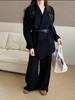 New European and American cross-border design belt, suit collar, knit cardigan, wide-leg pants, casual two-piece set