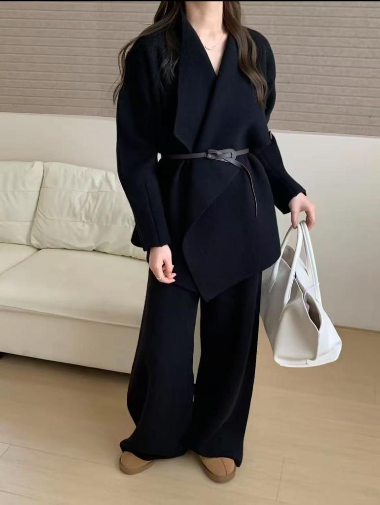 New European and American cross-border design belt, suit collar, knit cardigan, wide-leg pants, casual two-piece set