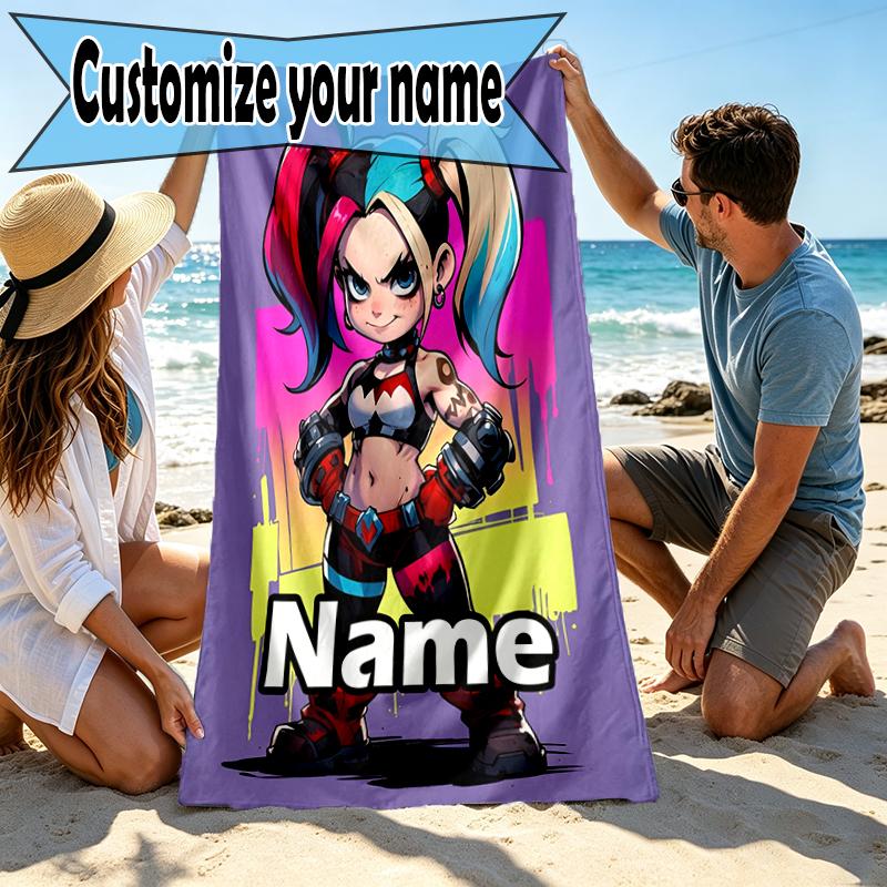 Custom Name Personalized Harley Quinn Joker Print Beach Towel, for Trip Camping Beach Party Home Decor, Birthday Gift for Family & Friends