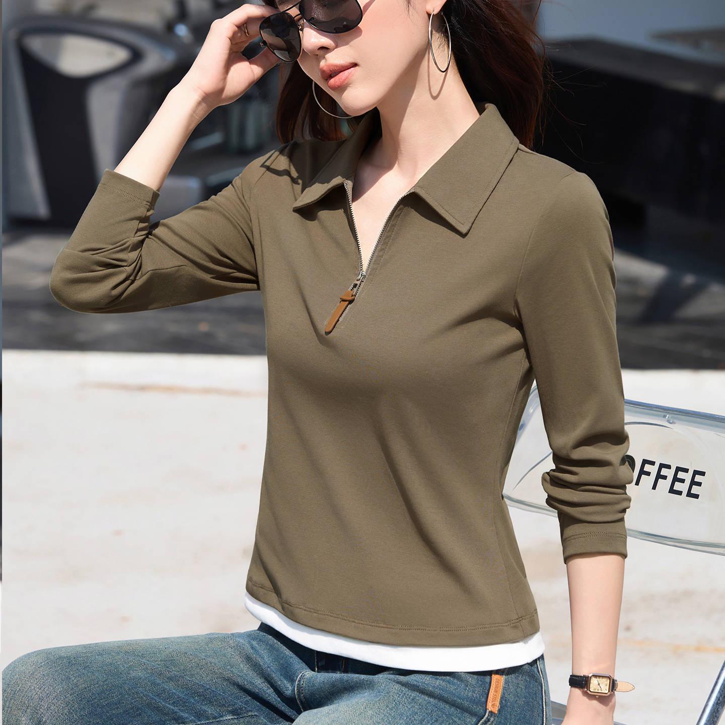 

Women s Slimming Cotton Long Sleeve Zipper Lapel T-Shirt S