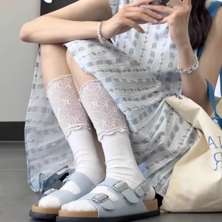 Women's Lace Patchwork Calf High Ballet Style Slouch Socks with Ruffle Trim