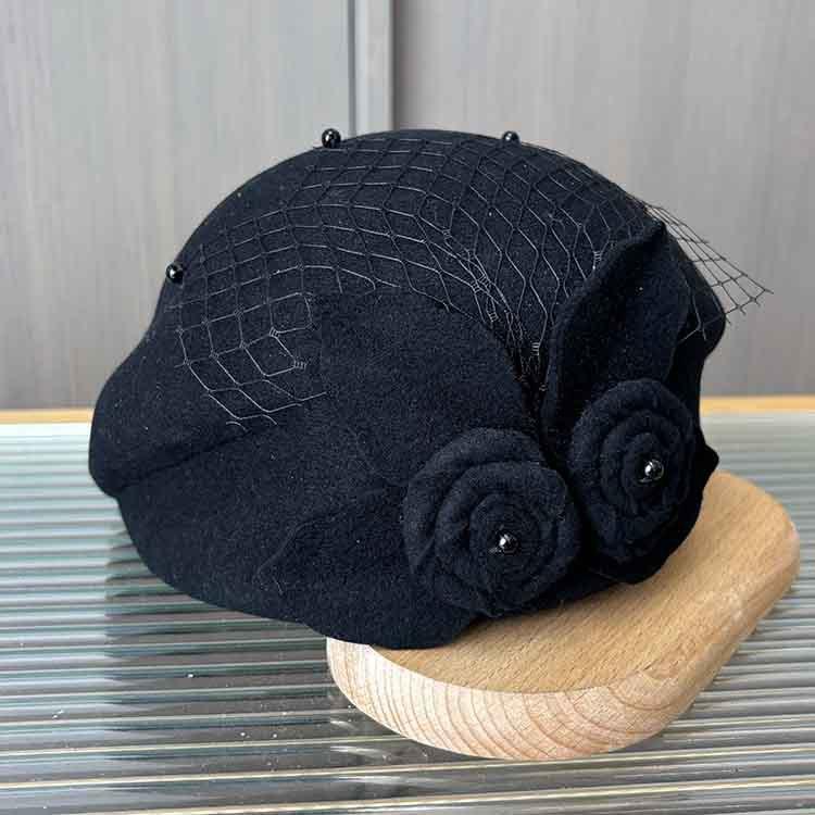 Ladies autumn and winter woolen bud hat elegant mesh flower three-dimensional stewardess hat British retro styling fashion hat