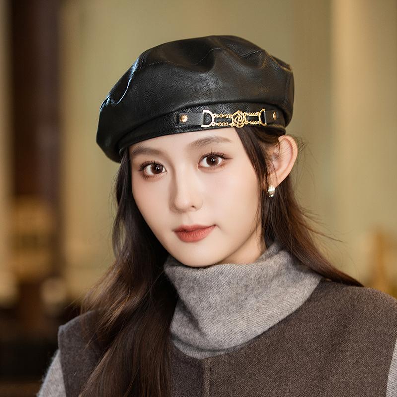 New Autumn and Winter Sweet and Cool Chain Beret Versatile Retro Leather Painter Hat Outdoor Casual Windproof Hat Women