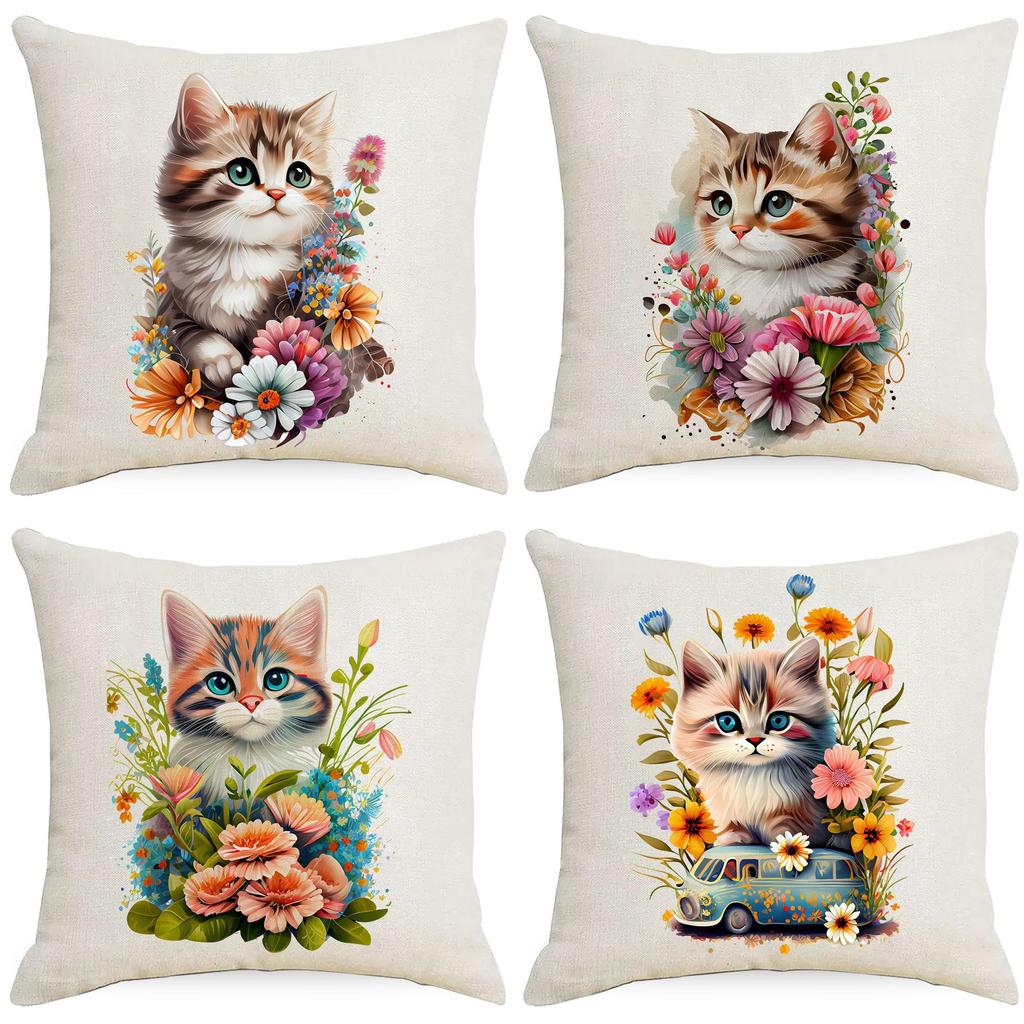 Cute Kitten Printed Watercolor Pillowcase Home Living Room Sofa Cushion Pillowcase