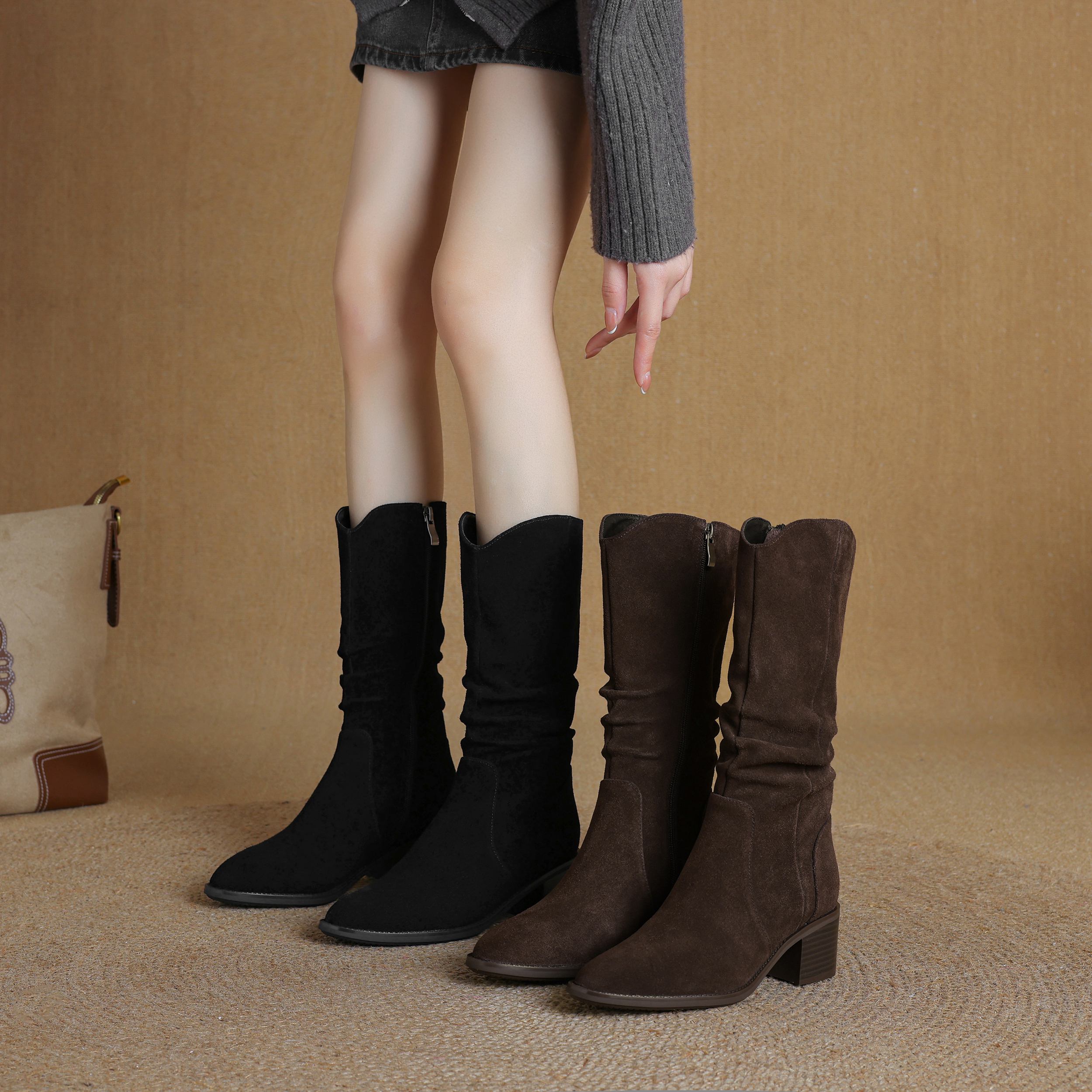 Krazing Pot Коровья замша Нубук Зимние Средний каблук Вестерн Сапоги Женские На молнии — фото 16