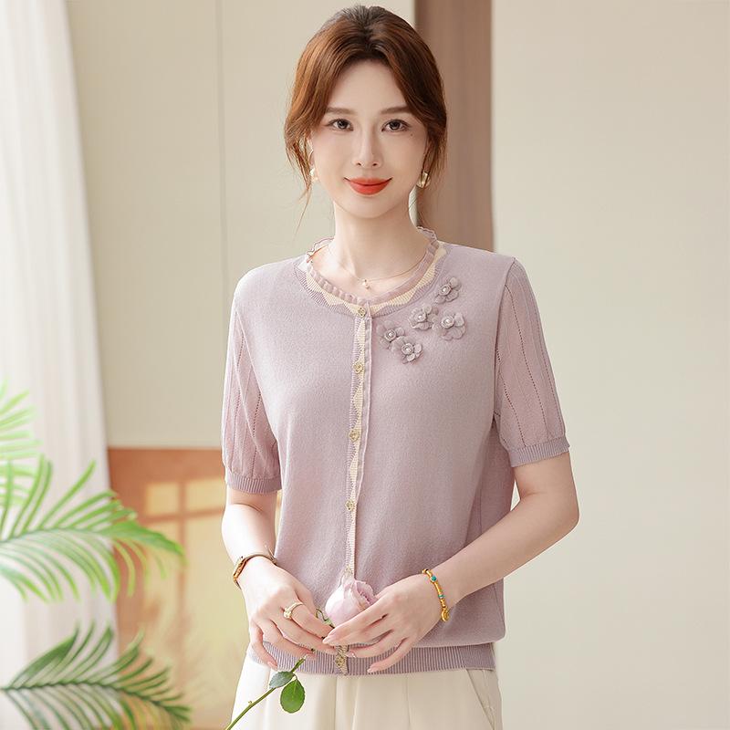 

2026 Mom s Ice Silk Short Sleeve Top - Stylish, Loose, Small Size T-Shirt for Middle-Aged & Elderly Women 4XL (135-150 lbs) світло-фіолетового кольору