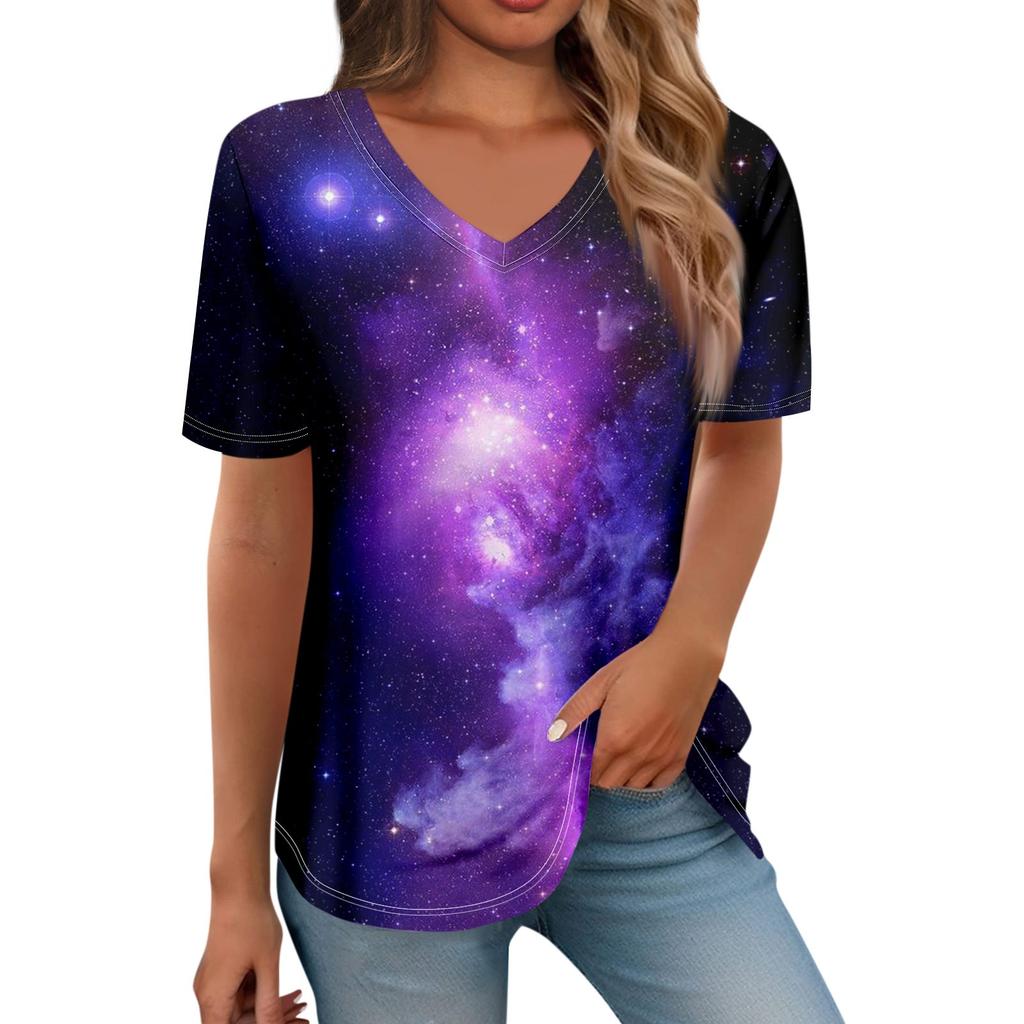 Women's Fashion V-neck Short Sleeved Printed Casual T-shirt Top
